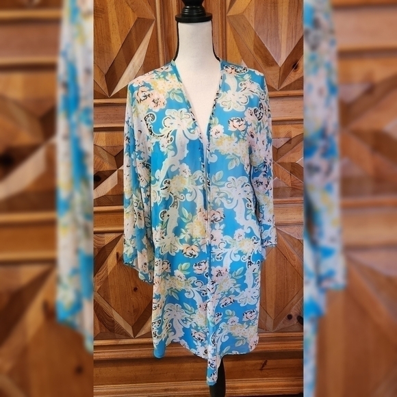 Aqua Floral Kimono Sz L - Picture 1 of 7